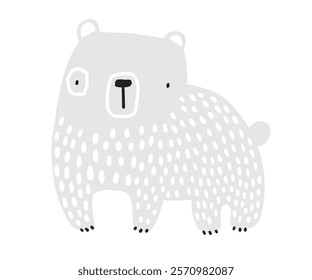 Vector hand drawn illustration of cartoon cute polar bear on white. Cute animals for children. Arctic animals. Cartoon baby character. Kids postcard, poster, print. Scandinavian