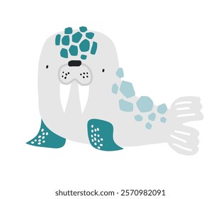 Vector hand drawn illustration of cartoon cute walrus on white. Cute animals for children. Arctic animals. Cartoon baby character. Kids postcard, poster, print. Scandinavian