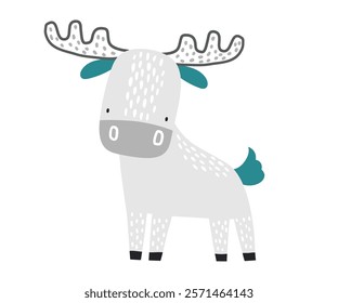 Vector hand drawn illustration of cartoon cute deer on white. Cute animals for children. Arctic animals. Cartoon baby character. Kids postcard, poster, print. Scandinavian.