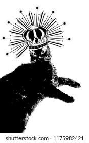 Vector hand drawn illustration of cat in crown with flowers isolated. Creative tattoo artwork. Template for card, poster, banner, print for t-shirt, pin, badge, patch.