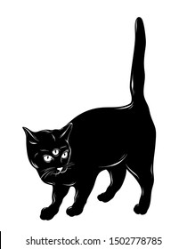 Vector hand drawn illustration of cat with three eyes isolated. Creative tattoo artwork. Template for card, poster. banner, print for t-shirt, pin, badge, patch.