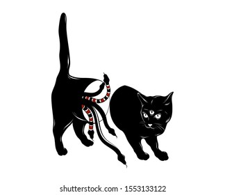 Vector hand drawn illustration of cat with three eyes and snakes isolated. Creative tattoo artwork. Template for card, poster, banner, print for t-shirt, pin, badge, patch.