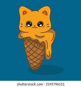 Vector hand drawn illustration of cat in ice cream corner. Template for card, poster, banner, print for t-shirt, pin, badge, patch. Surrealism style illustration.