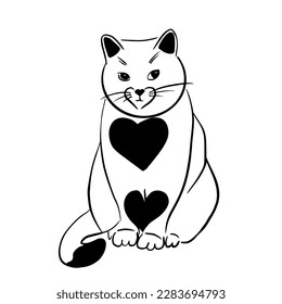 Vector hand drawn illustration of a cat with a heart on his chest ,line art