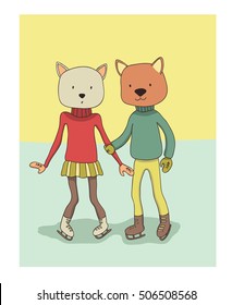 Vector hand drawn illustration. A cat teaching his girlfriend to skate.