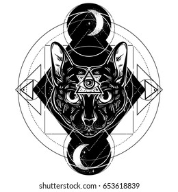 Vector hand drawn illustration of cat. Character design. All seeing eye pyramid symbol.Egyptian, spirituality, boho design. Template for card, poster, banner, print for t-shirt. 