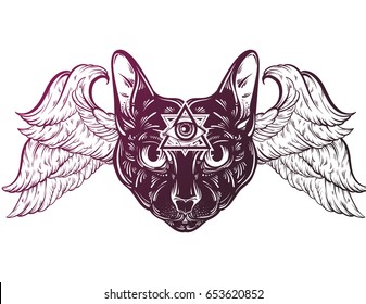 Vector hand drawn illustration of cat with wings. Character design. Artwork with portrait of mystical elegant cat. All seeing eye pyramid symbol. Template for card, poster, banner, print for t-shirt. 