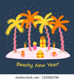 Vector hand drawn illustration with celebration New Year on the beach. Celebrating the New Year and birth on the beach in the tropics. Tropic island beach party