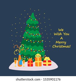 Vector hand drawn illustration with celebration New Year. Christmas celebration symbols. Christmas tree with a garland, gifts and a snowman