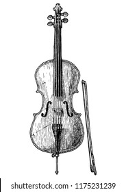 Vector hand drawn illustration of Cello in vintage engraved style. Isolated on white background. front view.