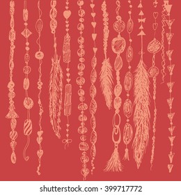 Vector hand drawn illustration of chalky most recognizable boho style elements isolated on crimson. Design and textile element, illustration or wallpaper for fashion, ecological, cultural sources.