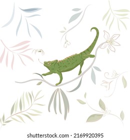 Vector hand drawn illustration Chameleon Lizard, tropical flowers, clip art. Green reptile on floral branch isolated on white background