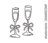 Vector hand drawn illustration of champagne glasses with ribbon.