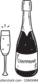 Vector hand drawn illustration of Champagne bottle and glass. Flat and cartoon style, isolated on white background. For menu, restaurants, cafe, market, print design.