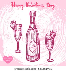 Vector hand drawn illustration of champagne bottle,wineglasses,text Happy Valentines Day on background with abstract paper texture.beverage sketch.Linear art in vintage style for design.