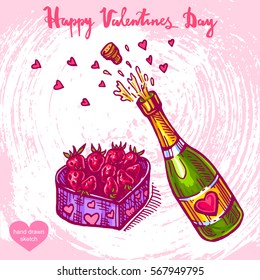 Vector hand drawn illustration of champagne bottle,gift box with strawberry,text Happy Valentines Day on background with paper texture.Valentines dinner  sketch.Linear art in vintage style for design.