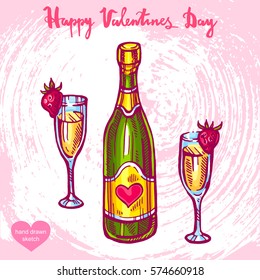 Vector hand drawn illustration of champagne bottle, wineglasses, text Happy Valentines Day on background with abstract paper texture.Valentines dinner, sketch. Linear art in vintage style for design.