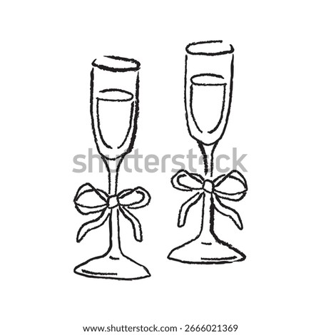 Vector hand drawn illustration of champagne glasses with ribbon.