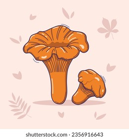 Vector hand drawn illustration of chanterelles mushrooms in doodle style isolated on a light background with autumn leaves