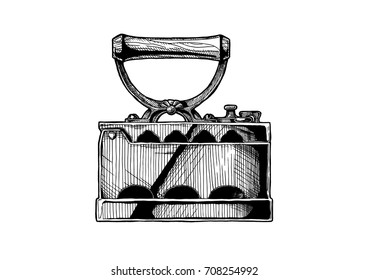 Vector hand drawn illustration of charcoal iron. Isolated on white background. Side view.