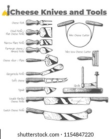 Vector hand drawn illustration of Cheese Knives and Tools in vintage engraved style. Isolated on white background. 