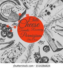 vector hand drawn illustration of cheese platter. sketch of parmigiano, cheddar, blue cheese, edam, rosemary and tomato. flat lay ink doodle of dairy products. restaurant design template
