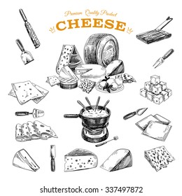 Vector hand drawn illustration with cheeses . Sketch.