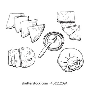 Vector hand drawn illustration with cheeses . Sketch.