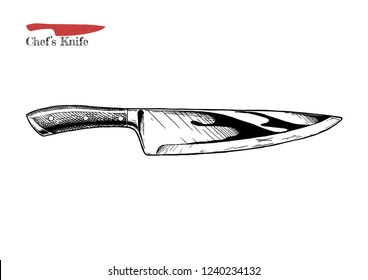 Vector hand drawn illustration of chef's knife in vintage engraved style. Isolated on white background. 