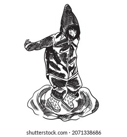 Vector hand drawn illustration of a child jumping through puddles in rubber boots, black lines