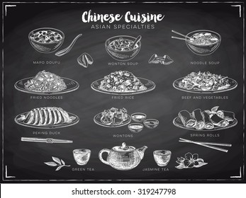 Vector hand drawn illustration and chinese food  Sketch  Chalkboard 