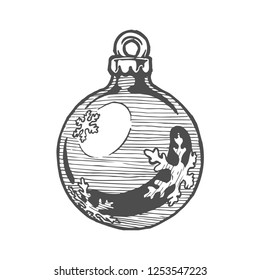 Vector hand drawn illustration of Christmas ball with snowflake in vintage engraved style. Isolated on white background.