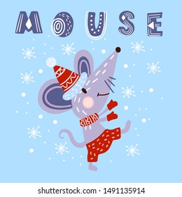 Vector hand drawn illustration “Mouse in Christmas hat and gloves” with show and snowflakes. Isolated on blue background