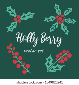 Vector hand drawn illustration of Christmas holly berry set. Red berries with green leaves on dark green background. New Year, Christmas decoration, design element. Poster or greeting card template