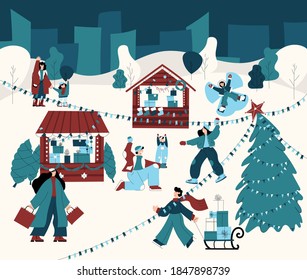 Vector hand drawn illustration of a Christmas market with people shopping, playing snowballs with their family, having fun. Cartoon style banner