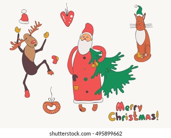 Vector hand drawn illustration. Christmas set of elements.
