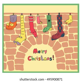 Vector hand drawn illustration. Christmas card. Socks on a fireplace.