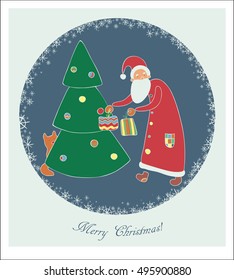 Vector hand drawn illustration. Christmas card. Santa with gifts.