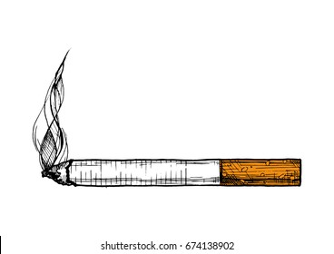 Vector hand drawn illustration of cigarette in vintage engraved style. isolated on white background.