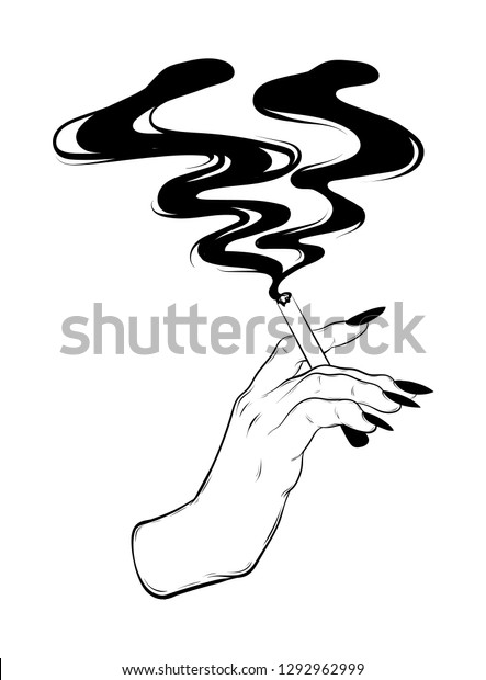 タバコと煙を持つ手のベクター手描きのイラスト 超現実的なタトゥーアート カード用のテンプレート ポスター バナー Tシャツ ピン バッジ パッチ用の印刷 のベクター画像素材 ロイヤリティフリー