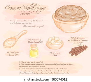 vector hand drawn illustration of  cinnamon vanilla sugar scrub recipe.