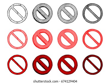 Vector hand drawn illustration of circle-backslash symbol set in vintage engraved style. isolated on white background.