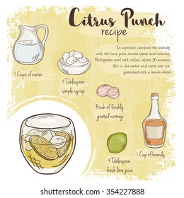 vector hand drawn illustration of citrus punch recipe with list of ingredients