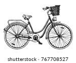 Vector hand drawn illustration of city bicycle in ink hand drawn style. Bike with step-through frame, pannier rack and front wicker basket.