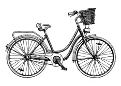 矢量手绘插图城市自行车在墨水手绘风格。 自行车与步进框架，平板架和前柳条篮。