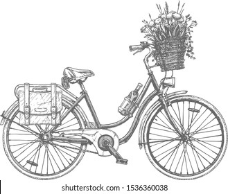 Vector Hand Drawn Illustration Of City Bicycle In Ink Hand Drawn Style. Bike With Step-through Frame, Pannier Rack, Wine Holder, Purse Flowers And Front Wicker Basket.