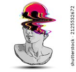 Vector hand drawn illustration of classical sculpture fragment of colossal head with colorful glitched skull coming from the broken side. Isolated on white background.