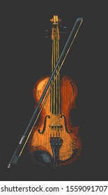 Vector hand drawn illustration of classical acoustic violin with bow in vintage engraved style. isolated on white background.