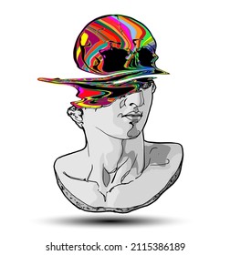 Vector hand drawn illustration of classical sculpture fragment of colossal head with colorful glitched skull coming from the broken side. Isolated on white background. 