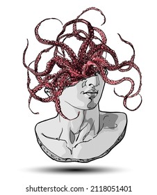 Vector hand drawn illustration of classical sculpture fragment of colossal head with many octopus tentacles coming from the broken side isolated on white background. 